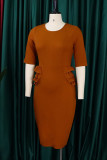 Jupe crayon décontractée à col rond et couleur unie marron, robes de grande taille