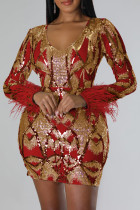 Rojo Elegante Estampado Lentejuelas Patchwork Cremallera Cuello en V Falda envuelta Vestidos