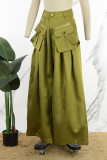 Grüne elegante solide Patchwork-Taschenknöpfe mit Reißverschluss, lockere einfarbige Hose mit mittlerer Taille