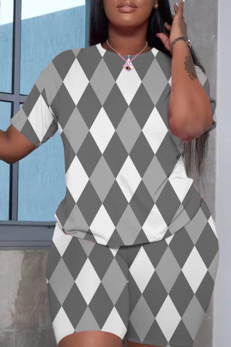 Grey Casual Print Basic O Neck Short Sleeve Two Pieces