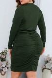 Green Casual Solid Fold V Neck Long Sleeve Plus Size Dresses