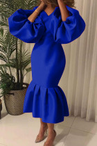 Blauwe casual effen patchwork V-hals eenstaps rok Grote maten jurken