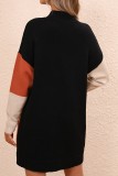 Kaki casual patchwork jurken met contrasterende O-hals en lange mouwen