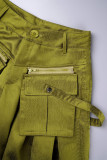 Pantalones de color sólido elegantes con botones de bolsillo y cremallera sueltos de cintura media verde