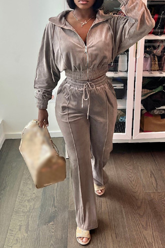 Brown Casual Solid Patchwork Zipper Collar Long Sleeve Two Pieces