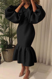 Negro Casual Sólido Patchwork Cuello en V Falda de un paso Vestidos de talla grande