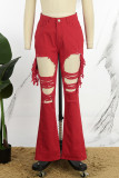 Red Casual Solid Mid Waist Skinny Tassel Ripped Denim Jeans