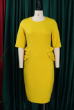 Yellow Casual Solid Patchwork O Neck Pencil Skirt Plus Size Dresses