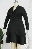 ブラック カジュアル ソリッド パッチワーク フラウンス V ネック長袖プラス サイズ ドレス