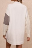 Branco Damasco Casual Patchwork Contraste O Pescoço Vestidos de Manga Longa