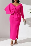 Patchwork solido casual rosa rosso con abiti a maniche lunghe con scollo a V e fiocco