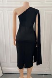 Black Casual Solid Patchwork Oblique Collar Pencil Skirt Plus Size Dresses