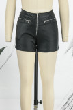 Zwarte casual effen patchwork rits skinny midden taille rechte effen kleur broek