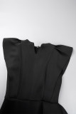 Vestidos pretos casuais sólidos com babados e decote em V irregulares (sem cinto)