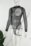 Barboteuse skinny noire sexy uni transparente à demi-col roulé