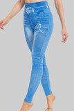 Azul Casual Estampa Patchwork Skinny Cintura Alta Posicionamento Convencional Estampado Bottoms
