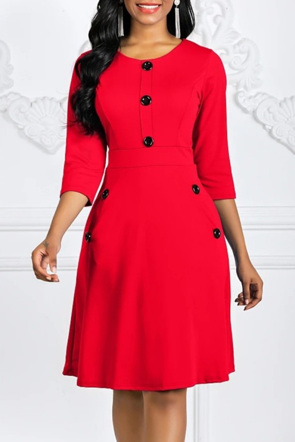 Rote, lässige, solide Basic-Kleider mit O-Ausschnitt und A-Linie