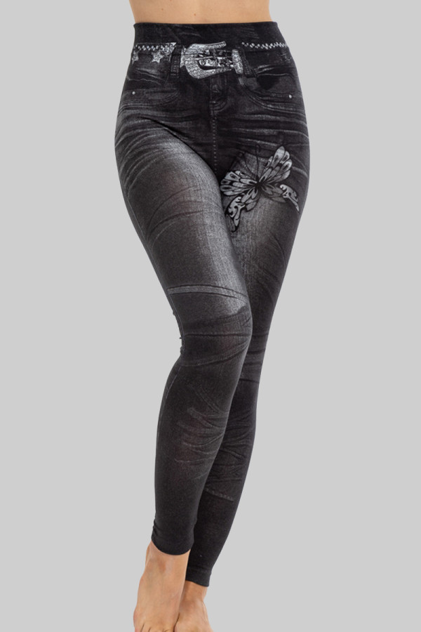 Черные повседневные узкие брюки с принтом в стиле пэчворк с высокой талией и классическим позиционированием с принтом