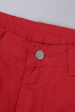 Rode casual effen skinny denim jeans met gescheurde middentaille en kwastjes