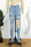 Голубые повседневные однотонные выдолбленные лоскутные карманные пуговицы на молнии со средней талией Обычные джинсовые джинсы