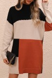 Vestidos casuales de manga larga con cuello en O y contraste de patchwork negro albaricoque