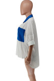 Blaue, lässige Farbblock-Patchwork-Oberteile mit Taschenschnalle und Hemdkragen