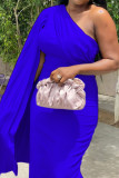 Azul real Casual sólido patchwork cuello oblicuo falda lápiz vestidos de talla grande