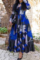 Темно-синие повседневные длинные платья с воротником-стойкой и принтом