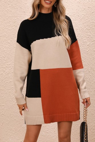 Black Apricot Casual Patchwork Contrast O Neck Long Sleeve Dresses