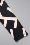 Black khaki Casual Print Patchwork Zipper Collar Long Sleeve Dresses
