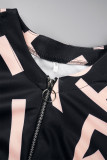 Black Gray Casual Print Patchwork Zipper Collar Long Sleeve Dresses