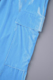 Bleu ciel Sexy solide Patchwork cordon de serrage poche fermeture éclair col à capuche manches longues deux pièces