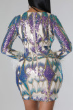 Burgundy Elegant Print Sequins Patchwork Zipper V Neck Wrapped Skirt Dresses