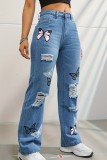 Jeans in denim regolari a vita alta strappati con stampa casual a farfalla azzurri