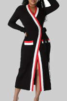 Ropa de abrigo elegante bloque de color vendaje patchwork bolsillo cuello en V negro