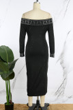 ブラック カジュアル パッチワーク スパンコール オフショルダー ロング スリーブ ドレス