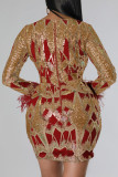 Vestidos de saia embrulhados em vermelho elegante com estampa de lantejoulas patchwork com zíper e decote em V