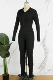 Groen Geel Casual Solid Fold Rits Kraag Skinny Jumpsuits