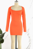 Orange Sexy Casual Solid Patchwork Square Collar Long Sleeve Dresses