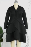 Schwarze, lässige, solide Patchwork-Volant-Kleider mit V-Ausschnitt und langen Ärmeln in Übergröße