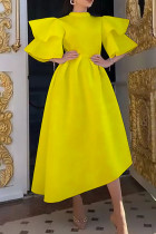 Robe irrégulière jaune décontractée, couleur unie, col roulé, demi-col roulé, robes de grande taille