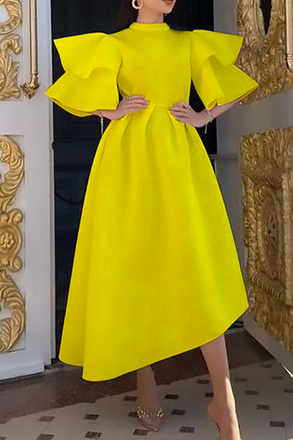 Amarillo Casual Sólido Patchwork Medio Cuello Alto Vestido Irregular Vestidos De Talla Grande