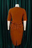 Brown Casual Solid Patchwork O Neck Pencil Skirt Plus Size Dresses