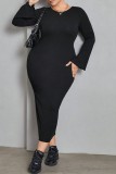Black Casual Solid Backless O Neck Long Sleeve Plus Size Dresses