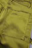 Pantalones de color sólido elegantes con botones de bolsillo y cremallera sueltos de cintura media verde
