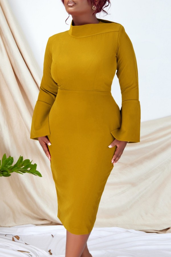 Земляно-желтые повседневные однотонные базовые платья с воротником-стойкой и длинными рукавами