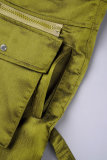 Vert élégant solide Patchwork poche boutons fermeture éclair ample taille moyenne couleur unie bas