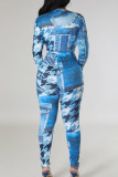 Blue Street Print Bandage Patchwork V-hals Skinny Jumpsuits