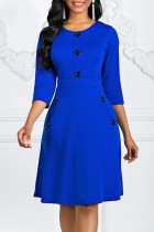 Королевские синие повседневные однотонные базовые платья с круглым вырезом и трапецией
