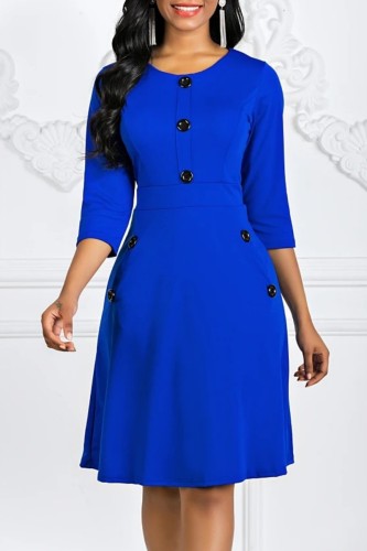 Bleu royal décontracté solide basique col rond robes trapèze
